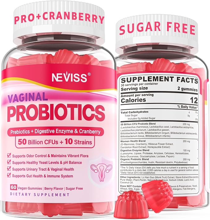 Vaginal Probiotics Gummies for Women PH Balance, Odor Control with Prebiotics, Cranberry, D-Mannose, Promotes Feminine Healthy Vaginal Flora, Urinary Tract, Yeast, Digestive Support, Sugar Free,60Cts