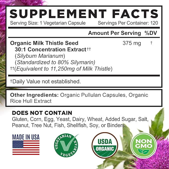 FarmHaven USDA Organic Milk Thistle Capsules | 30X Concentrated Seed Extract & 80% Silymarin Standardized - Supports Liver Function and Overall Health | Non-GMO | 120 Vegan Capsules