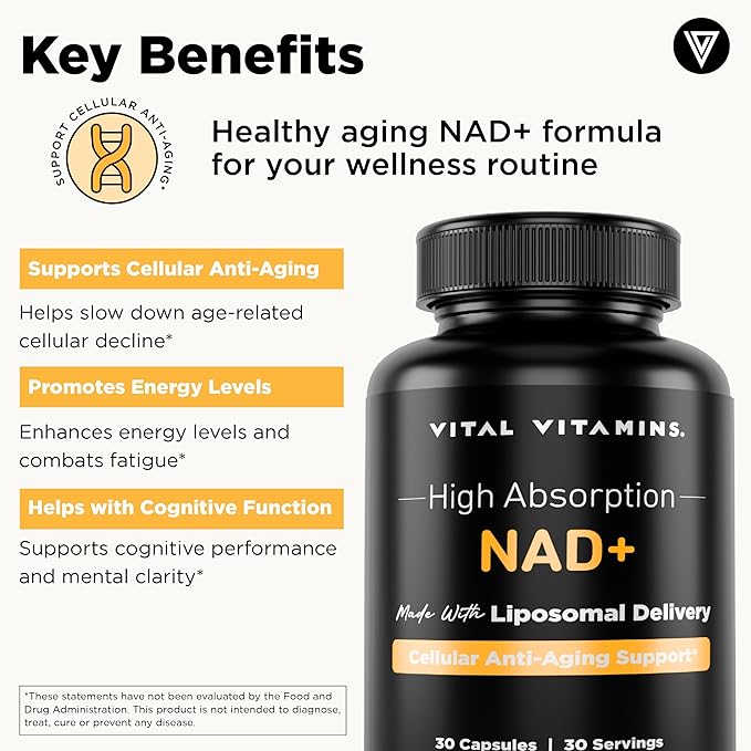 Vital Vitamins NAD Supplement - NAD+ (Nicotinamide Adenine Dinucleotide) for Men & Women - Made with Liposomal Delivery - Cellular Anti-Aging Support, Energy, Focus - 30-Day Supply