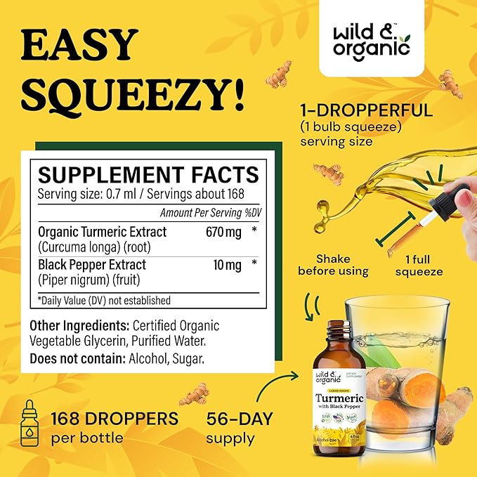 Wild & Organic Turmeric Supplement Liquid Drops - Movement & Immune Support - Liquid Turmeric with Black Pepper Extract - Add to Tea Tincture - Curcumin Supplements - Sugar & Alcohol-Free - 4 fl oz