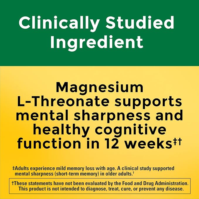 Nature Made Magnesium L-Threonate with Vitamin C & Vitamin D3, Provides 130 mg of Mag from 1800 mg Magnesium L Threonate, Cognitive Support Magnesium-Supplement, 90 Capsules, 30 Day Supply,(Pack of 2)