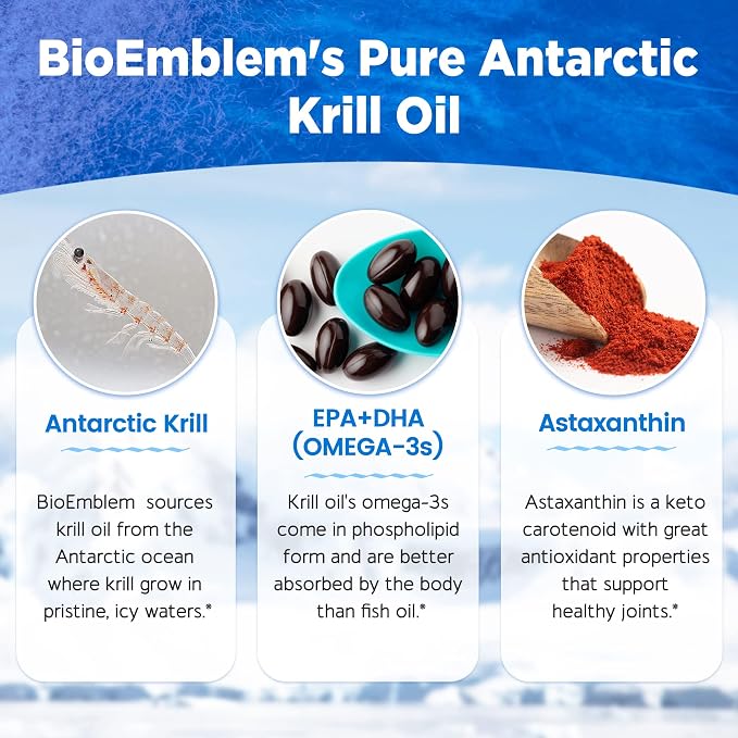 BioEmblem 3 Pack Antarctic Krill Oil 1000mg Softgels, Omega-3s Oil with High Levels of EPA + DHA, Astaxanthin, and Phospholipids, Supports Brain Health, 180-Count Non-GMO, Gluten Free, 90 Days Supply