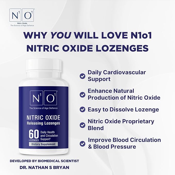 N1O1 Nitric Oxide Lozenges - 60 Count - Nitric Oxide Supplement for Heart Health, Circulation, Energy, Blood Flow, Oxygenation, Healthy Blood Pressure, Cardiovascular Support for Men & Women