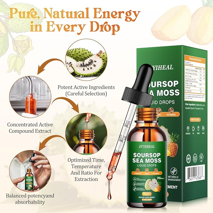 7-in-1 Soursop Graviola with Sea Moss Liquid Drops, Soursop Bitters Liquid Rich in Multivitamin for Digestive Antioxidant, Immune Boost, Cell Support & Regeneration, 2 Fl Oz Pineapple Flavor