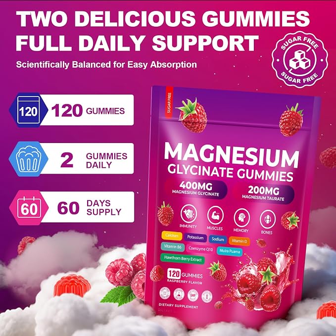 CNFHDI Magnesium Glycinate Gummies 600mg, 120 Counts Chews Sugar Free Magnesium Gummies for Adults & Kids with L-Threonate, Calcium, Zinc & CQ10, Potassium Supplements for Zzz, Brain, Muscle & Relax