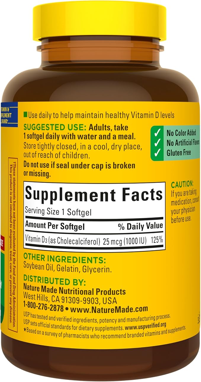 Nature Made Vitamin D3 1000 IU (25 mcg), Vitamin D Supplement for Bone, Teeth, Muscle and Immune Health Support, 300 Softgels, 300 Day Supply