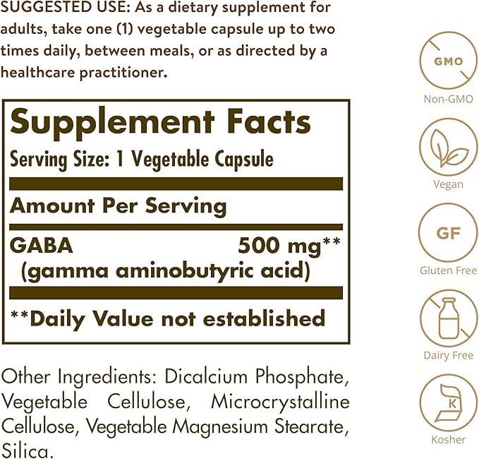 Solgar GABA 500 mg, 100 Vegetable Capsules - Relaxation & Nervous System Support - Amino Acid - Non-GMO, Vegan, Gluten Free, Dairy Free, Kosher - 100 Servings