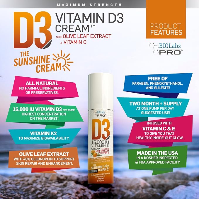 BIOLABS PRO All Natural Vitamin D3 15000IU Vitamin D Cream - Maximum Strength - Fight Vitamin D Deficiency Naturally - with Vitamin K2 & Olive Leaf Extract - Safe & Effective (15,000IU - 3.0oz)