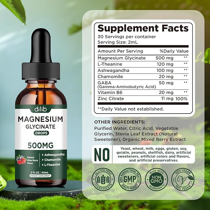 Magnesium Glycinate Liquid Drops Supplement, with Magnesium Glycinate 500mg Ashwagandha, L - Theanine, Chamomile -Support Stress Relief, Bone, Muscle, Mood Mixed Berry Flavor