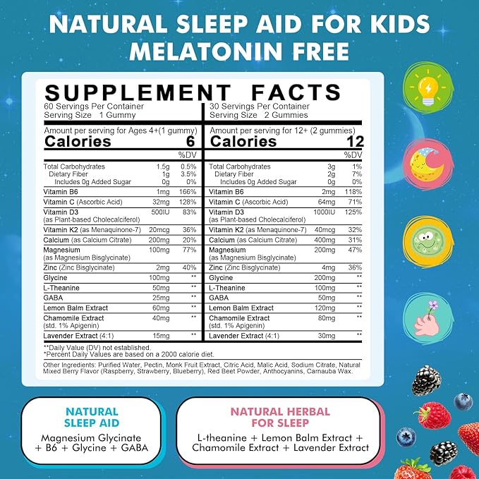 Kids Sleep Gummies with Magnesium Glycinate – Melatonin Free Bedtime Support for Kids – Calm & Relaxation with L-Theanine, GABA, Chamomile & Lemon Balm – Sugar Free Mixed Berry Flavor, 60 Gummies