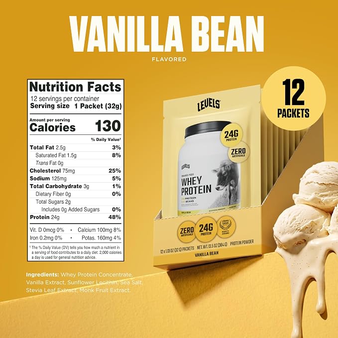 Levels Whey Protein Powder, No Artificials, Vanilla Bean, 12 Count | 24G of protein and 5.4G BCAAs per scoop, made with hormone-free dairy, zero junk, no fillers, no added sugar, certified clean