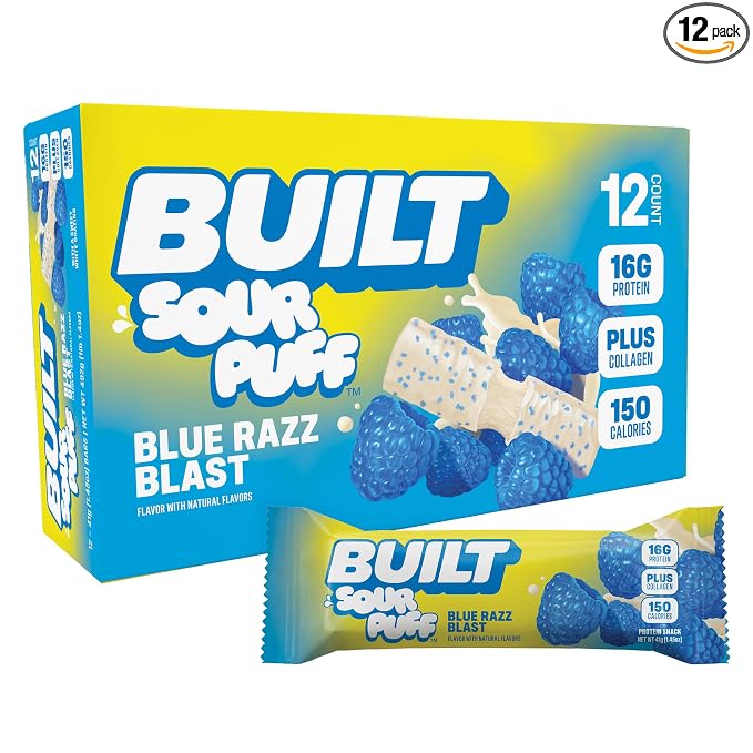 BUILT Sour Puff Protein Bar, Blue Razz Blast, 16g Protein - 12 Count | Sour Gummy, Candy-like Protein Snack Bar with Collagen, Calorie Conscious, Gluten Free