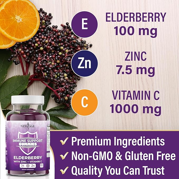 NEW AGE Immune System Support Gummies - Sambucus Black Elderberry Gummies with Vitamin C and Zinc (180 Count (Pack of 3))