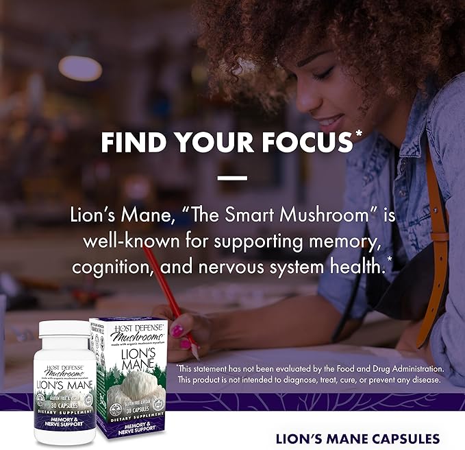 Host Defense Mushrooms Lion's Mane - Brain Health Support Supplement for Focus & Memory Function - Immune & Nervous System Support Supplement- 30 Capsules