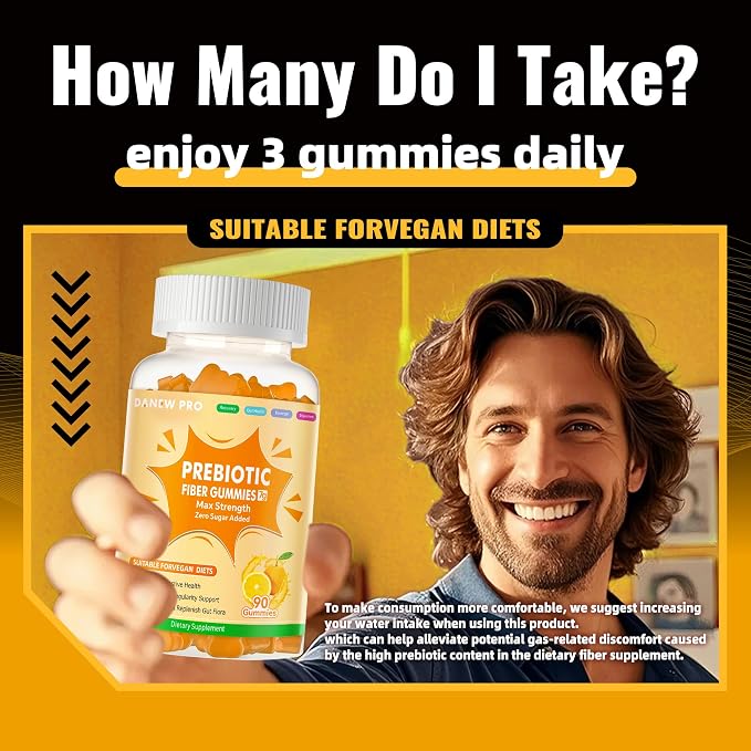Prebiotic Fiber Gummies for Adults, 7G Extra Strength, Zero Sugar Added, 90 Pectin Based Gummies, Digestive Health -Orange