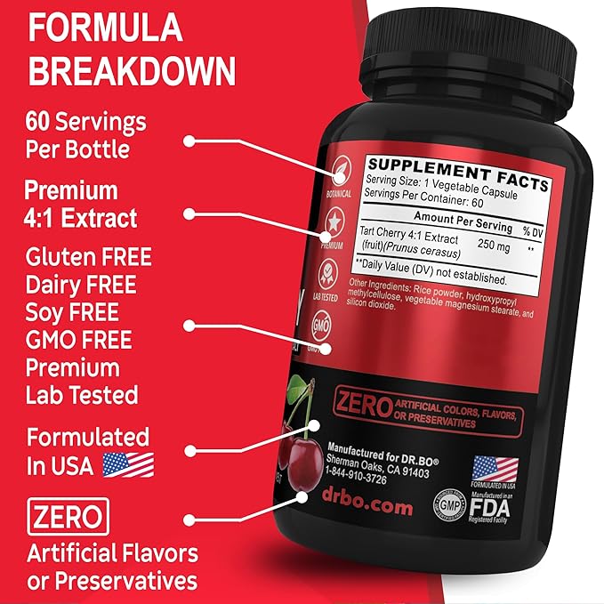 Tart Cherry Extract Capsules Supplement - Purge Uric Acid Flush Cleanse Antioxidant Pills for Rest Support - Tart Cherry Capsules Anthocyanin Supplements Ultra Pure Cherries Vitamins Concentrate Pill