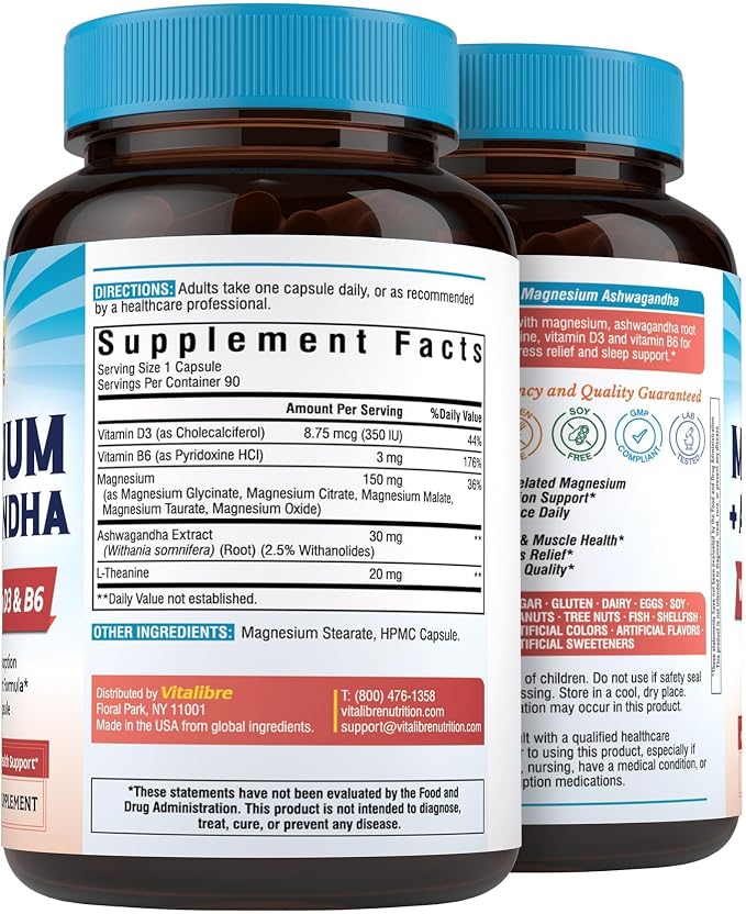 Vitalibre Magnesium Complex with Ashwagandha & L-Theanine - Stress Relief, Bone & Relaxation Support - w/Vitamin D3, B6 - Glycinate, Citrate, Malate, Taurate - 90 Vegan Capsules, Non-GMO, Gluten Free