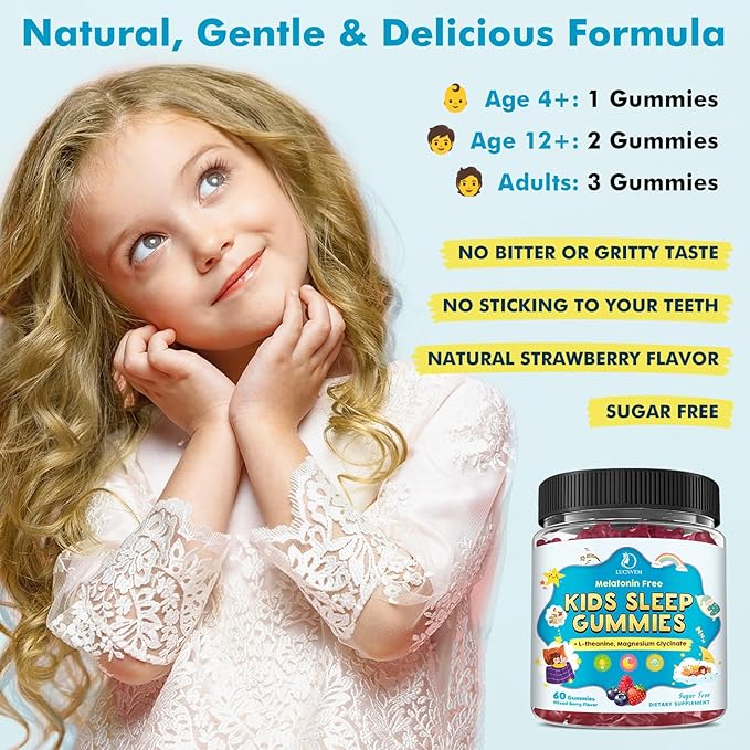 Kids Sleep Gummies with Magnesium Glycinate – Melatonin Free Bedtime Support for Kids – Calm & Relaxation with L-Theanine, GABA, Chamomile & Lemon Balm – Sugar Free Mixed Berry Flavor, 60 Gummies