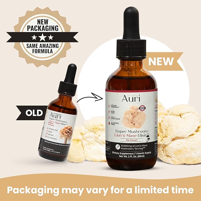 Auri Nutrition Lion’s Mane Liquid Elixir - Brain Supplements for Memory and Focus with Functional Mushrooms - Lions Mane Supplement, Full Spectrum Lion's Mane Extract - No GMO, Vegan Mushroom Tincture