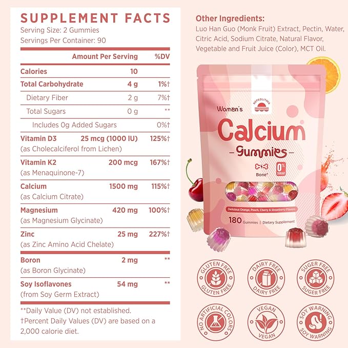Calcium Gummies for Women – 1500mg Calcium Citrate with Vitamin D3, K2, Magnesium, Zinc, Boron & Soy Isoflavones – Calcium Supplement, Vegan, Zero Sugar, Mixed Fruit Flavors, 360 Count