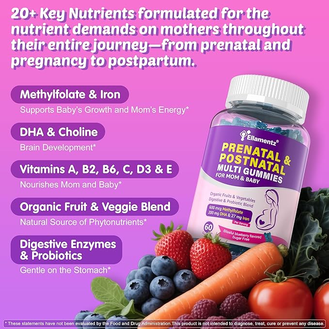 Prenatal Vitamins for Women with Methylfolate, Vegan Omega-3 DHA, Organic Food Blend, Probiotics, Iron, Vitamin D3 B6 B12, Choline, Sugar Free Multivitamin for Women During & Post Pregnancy, 120 Cts