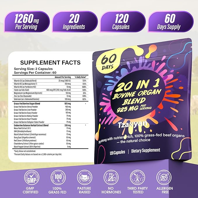 20-In-1 Beef Organ Supplement for Women, 925MG Grass Fed Beef Liver, Uterus, Ovary & 3 more with Maca, DIM, Black Cohosh, Vitamin & Mineral, Bovine organ Capsules for Hormone Balance, Energy, 60 Days