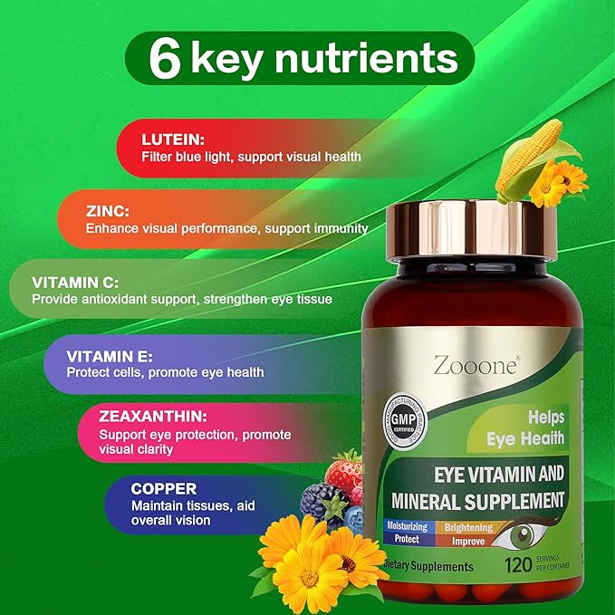 zooone- 120pcs Lutein Eye Vitamins Supplement for Macular Health and Dry Eye, Contains Lutein, Zinc, Vitamins C/E & Zeaxanthin to Support Eye Health