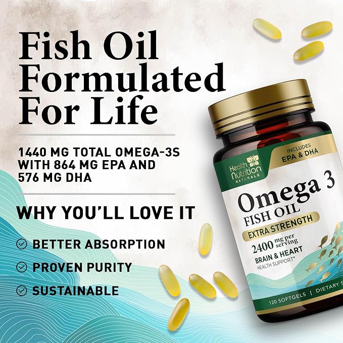 Omega 3 Fish Oil Supplements - 2400mg Fish Oil Per Serving - Triple Strength Omega-3 with EPA & DHA Fatty Acids - Natural Heart, Brain & Immune Support - Wild Caught, Bottled in USA - 120 Softgels