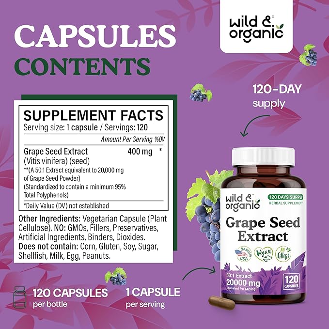 Wild & Organic Grape Seed Extract Capsules - Antioxidant Support - Grapeseed Extract 400 mg - 95% Polyphenols - 120 Vegan Capsules - 4 Month Supply - Non-GMO