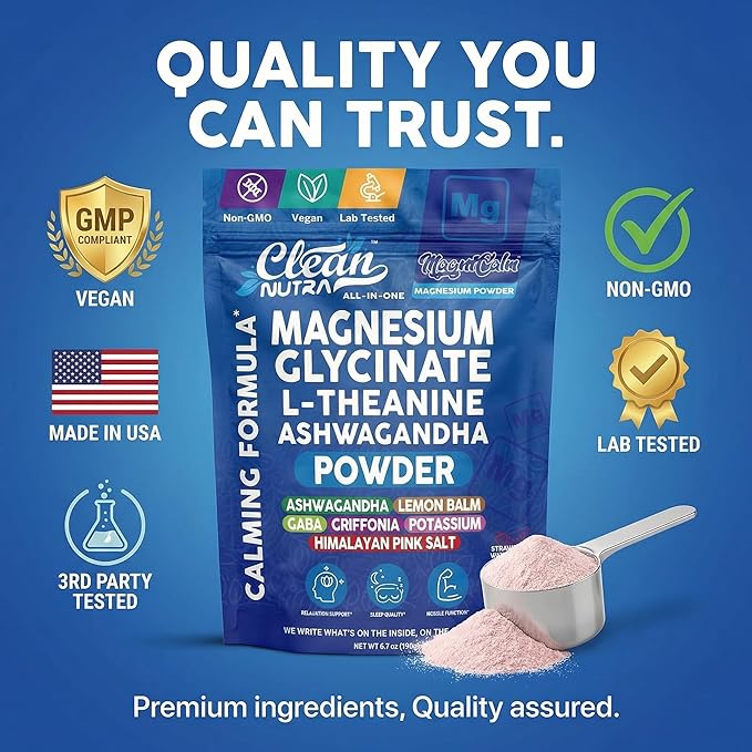 Magnesium Glycinate Powder Supplement + L Theanine Ashwagandha Glycine Apigenin Lemon Balm GABA 5HTP Pink Salt Potassium L Tryptophan Calcium | Powdered Sleep Aid Calm Trace Minerals Vitamin