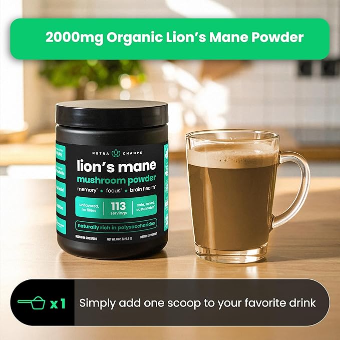 NutraChamps Organic Lions Mane Powder - 2000mg Powerful Nootropic for Memory, Focus, Immune Support - Vegan Lion’s Mane Mushroom Powder Supplement with Naturally Occurring Beta-Glucans - 8oz