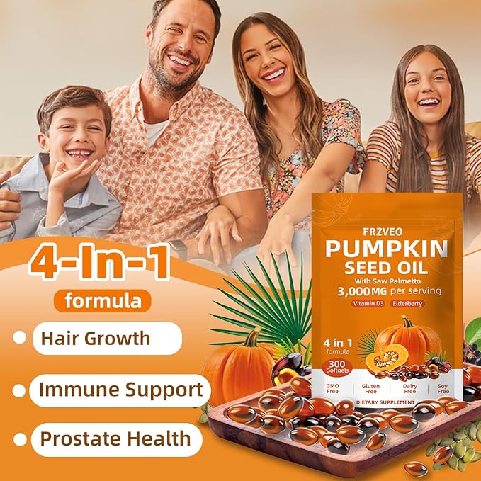 Pumpkin Seed Oil with Saw Palmetto, Vitamin D3 & Elderberry-300 Capsules, Pure Virgin Oil, Essential Fatty Acids & Phytosterols-Supports Prostate Function, Hair Health & Urinary Comfort