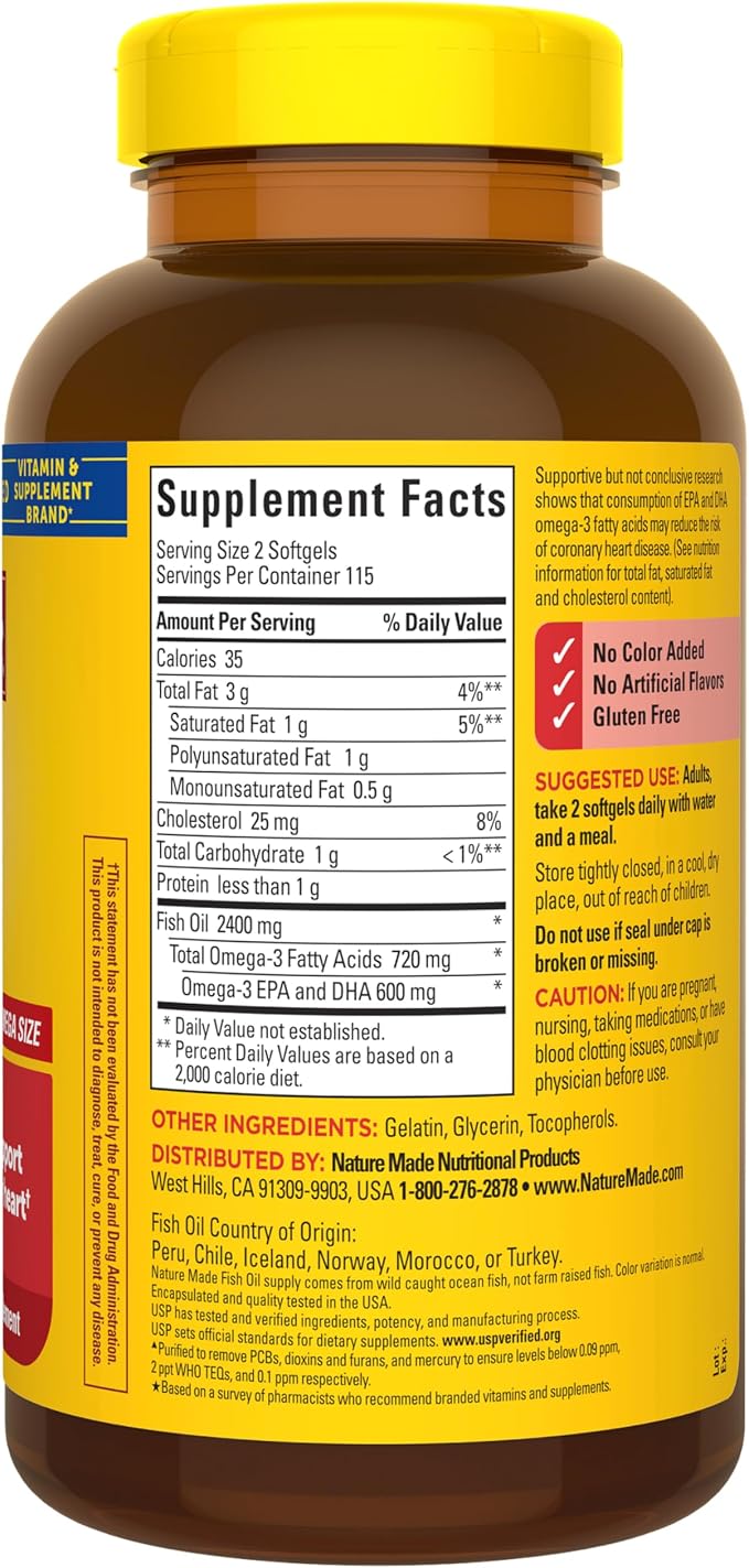 Nature Made Fish Oil Omega 3 Supplements, 1200 mg Softgels, Omega 3 Fish Oil for Healthy Heart Support, 230 Softgels, 115 Day Supply