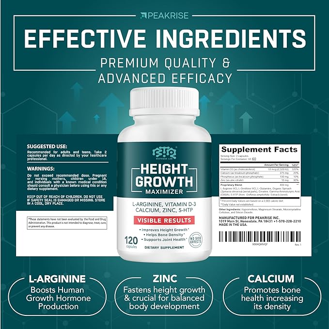 Height Growth Maximizer, Calcium, Vitamin D3 and Zinc Blend Pills, Bone Growth Supplement for Kids and Teens, Bone Strength, Density Support, GMO-Free, Gluten-Free, Made in USA, 120 Caps