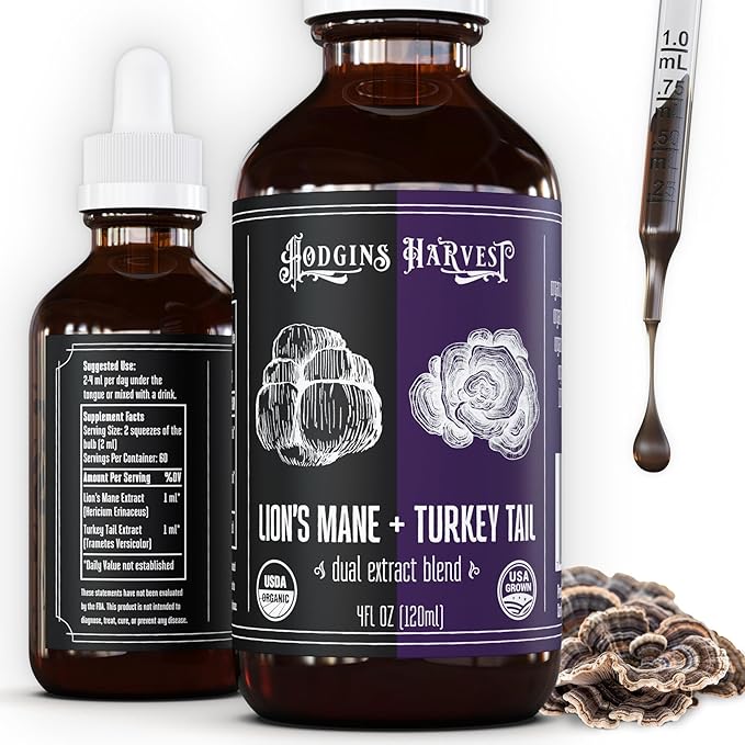 Organic Lion’s Mane + Turkey Tail Tincture | Made with Mushrooms Grown On Our Farm in The USA | Dual Extract | Extra-Concentrated (4 fl oz)