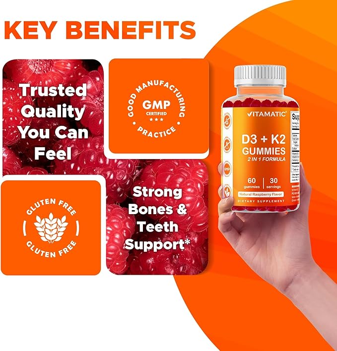 Vitamatic Vitamin D3 + K2 Gummies – 60 Count | Supports Bone, Heart & Immune Health – Promotes Calcium Absorption – Plant-Based, Non-GMO, Gluten-Free