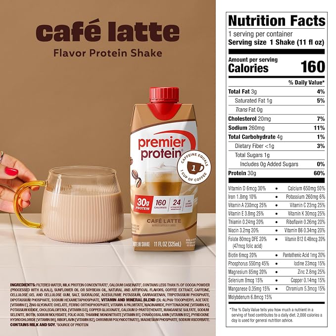 Premier Protein Shake, Café Latte with Caffeine for Energy – 30g Protein, No Added Sugar, 24 Vitamins & Minerals to Support Immune Health, 11 fl oz, 12 Pack