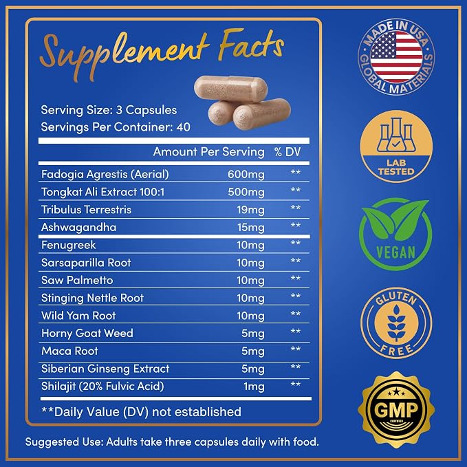 Fadogia Agrestis and Tongkat Ali Supplement - Fadogia Agrestis 600mg, 500mg Longjack Tongkat Ali for Men, Maca Root, Fenugreek, Ashwagandha, Saw Palmetto to Support Energy, Stamina, Vitality - 120Caps