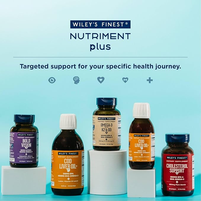 Wiley's Finest Wild Alaskan Fish Oil Vitamin K2 & D3 Softgels - 500mg of EPA and DHA Omega-3s for Bone and Heart Health Support - 120 Softgels (120 Servings)