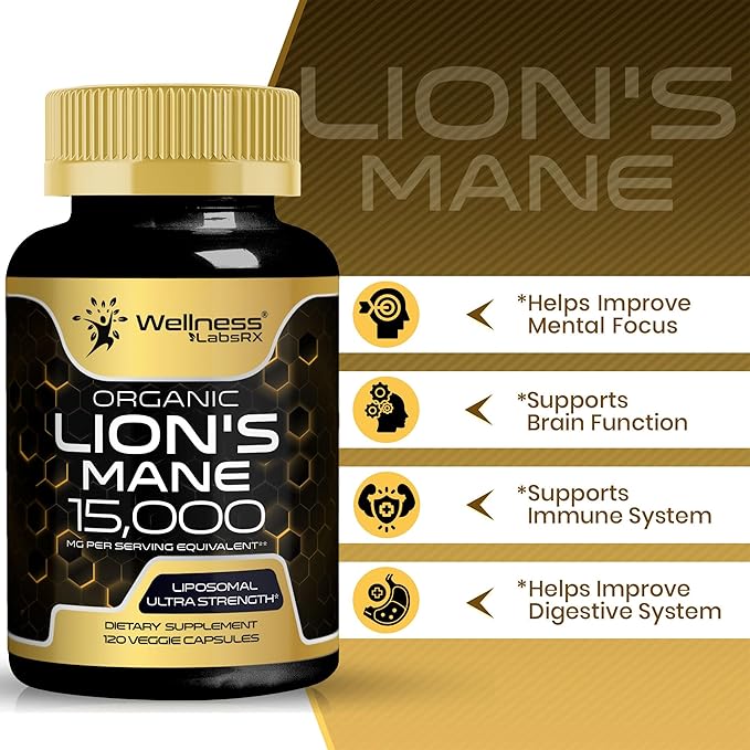 Lions Mane Supplement Capsules - 120 Count - Mushroom Supplement, Brain Supplements for Memory and Focus, Lion's Mane Mushroom Capsules Organic - Cognitive and Immune Support, Focus Supplement