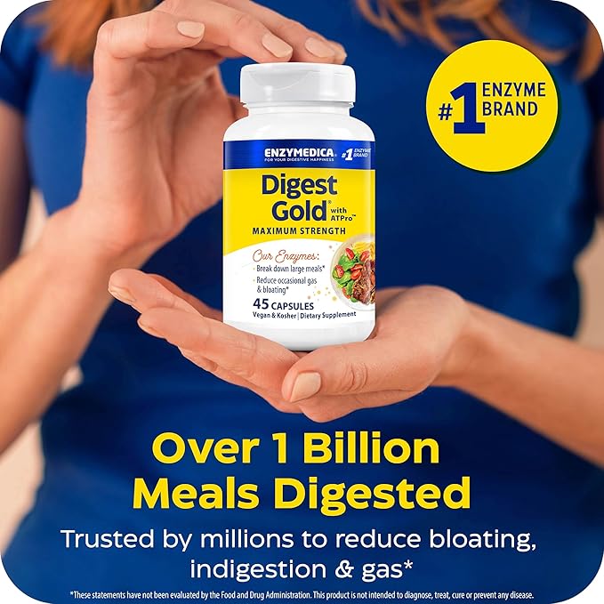 Enzymedica Digest Gold + ATPro, Maximum Strength Digestive Enzymes, Helps Digest Large Meals for Instant Bloating Relief, 45 Count
