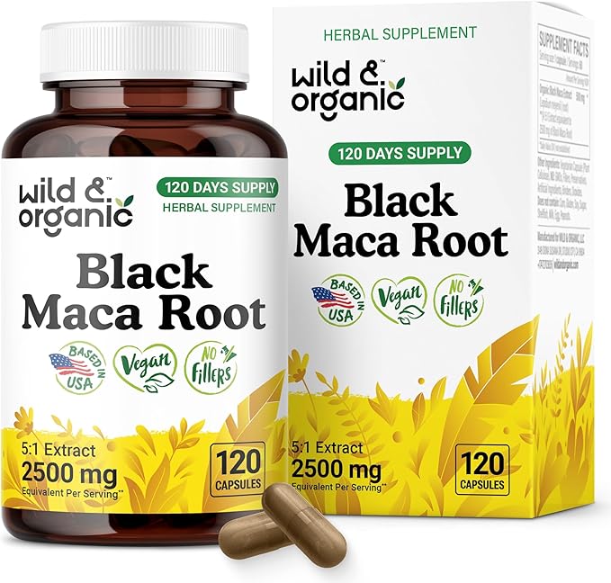 Wild & Organic Black Maca Root Capsules for Women & Men 500 mg - Overall Support - 120 Vegan Capsules with Maca Powder - Men & Women Supplement - 120 Days Supply, Non-GMO, No Fillers, Gluten-Free