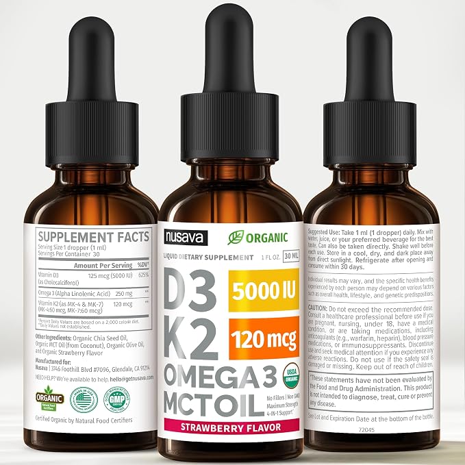 (4 Pack) Organic Vitamin D3 K2 Drops with MCT Oil Omega 3, 5000 IU - Maximum Strength Vitamin D Liquid, No Fillers, Non-GMO Liquid D3 for Faster Absorption and Immune Support (Strawberry, 4 Fl Oz)