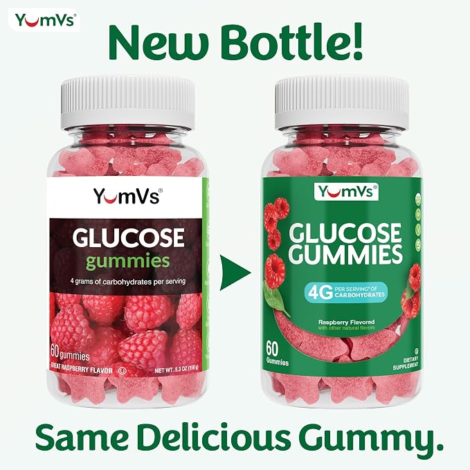 YUM-V'S Glucose Gummies – Fast Acting Glucose Chewable Gummies – Great Tasting – Gluten Free, Vegan, Non-GMO – Berry Natural Flavor – 60 Chewable Gummy for Adults & Kids