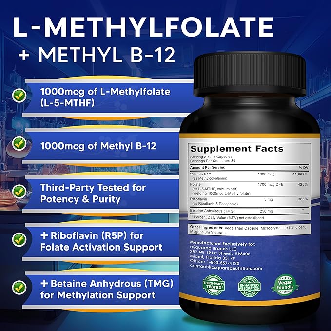 aSquared Nutrition L Methylfolate Plus Methyl B12 - Methylated Folate Supplement for Women & Men - 5-MTHF (Active Vitamin B9) 1000 mcg & B-12 1mg - B Complex - 60 Capsules