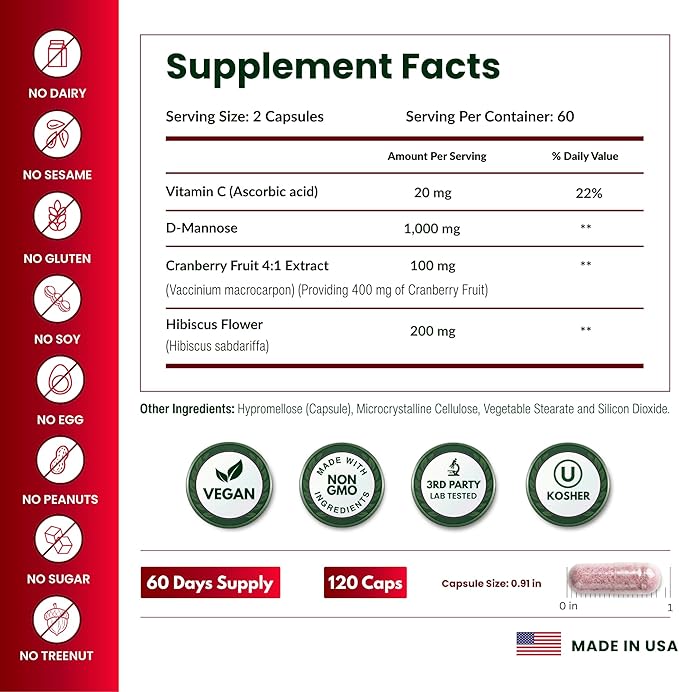 ForestLeaf D Mannose Supplements for Women & Men - D-Mannose 1000mg Capsules with Cranberry, Hibiscus & VIT C - DMannose Pills for UTI, Urinary Tract & Bladder Support - 120 Caps