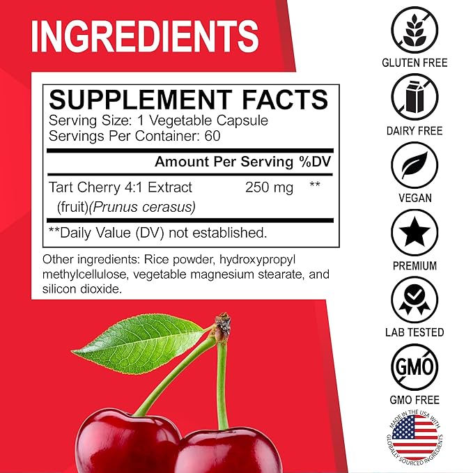 Tart Cherry Extract Capsules Supplement - Purge Uric Acid Flush Cleanse Antioxidant Pills for Rest Support - Tart Cherry Capsules Anthocyanin Supplements Ultra Pure Cherries Vitamins Concentrate Pill