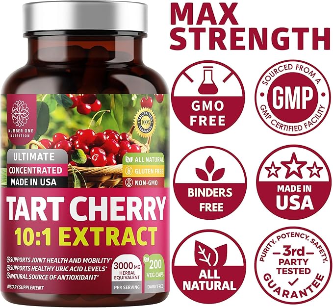 N1N Premium Tart Cherry Extract Capsules, 200 Veg Caps, 3000 mg, Powerful Antioxidant, Joint Health and Mobility, Non-GMO, Gluten Free, 200 Veggie Caps