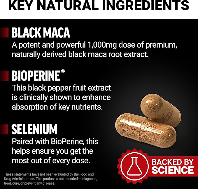 Force Factor Black Maca Root Vitality Supplement for Men with Superior Absorption and Power, Natural Maca Negra Extract, Fundamentals Series, 1000mg, 60 Capsules