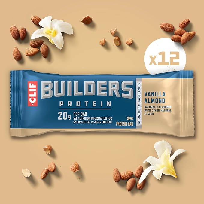 CLIF BUILDERS Protein Bars - Vanilla Almond Flavor - 20g Plant Based Protein - Gluten Free - Non-GMO - Low Glycemic - No Artificial Sweeteners - 2.4 oz. (Pack of 144)